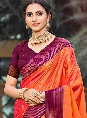 bright orange soft silk woven work traditional saree 2