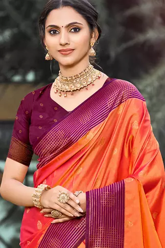 bright orange soft silk woven work traditional saree