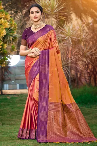 peach orange soft silk woven work traditional saree