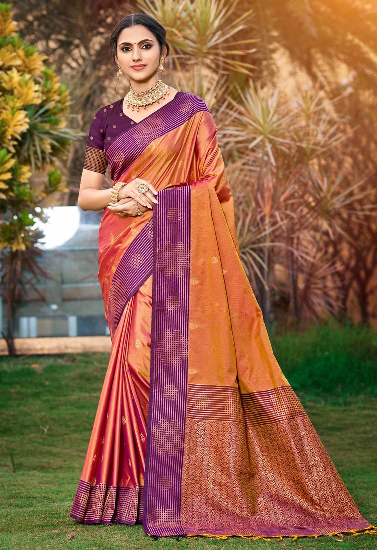 peach orange soft silk woven work traditional saree
