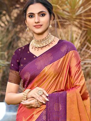 peach orange soft silk woven work traditional saree 2
