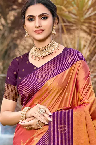 peach orange soft silk woven work traditional saree
