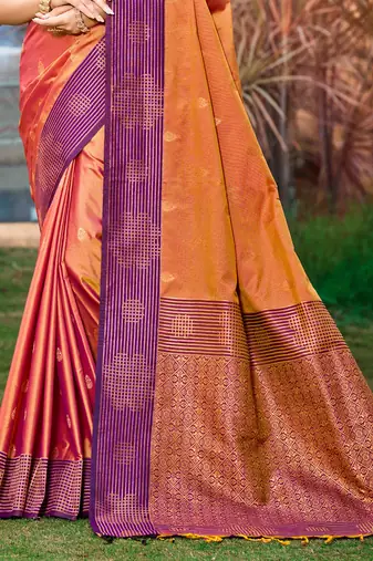 peach orange soft silk woven work traditional saree