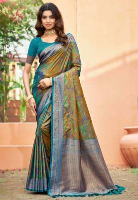olive green soft silk woven work traditional saree 1