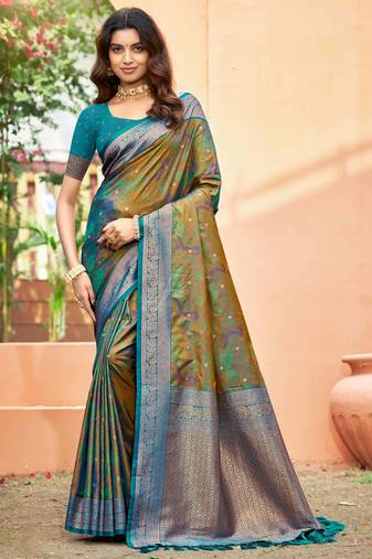 olive green soft silk woven work traditional saree