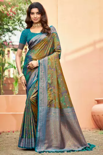 olive green soft silk woven work traditional saree