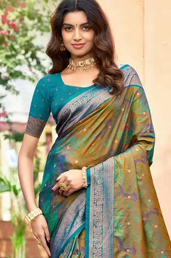 olive green soft silk woven work traditional saree