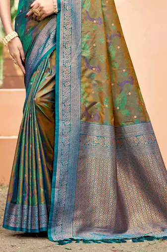olive green soft silk woven work traditional saree