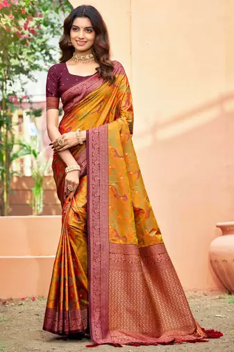 mustard orange soft silk woven work traditional saree