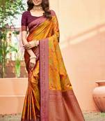 mustard orange soft silk woven work traditional saree