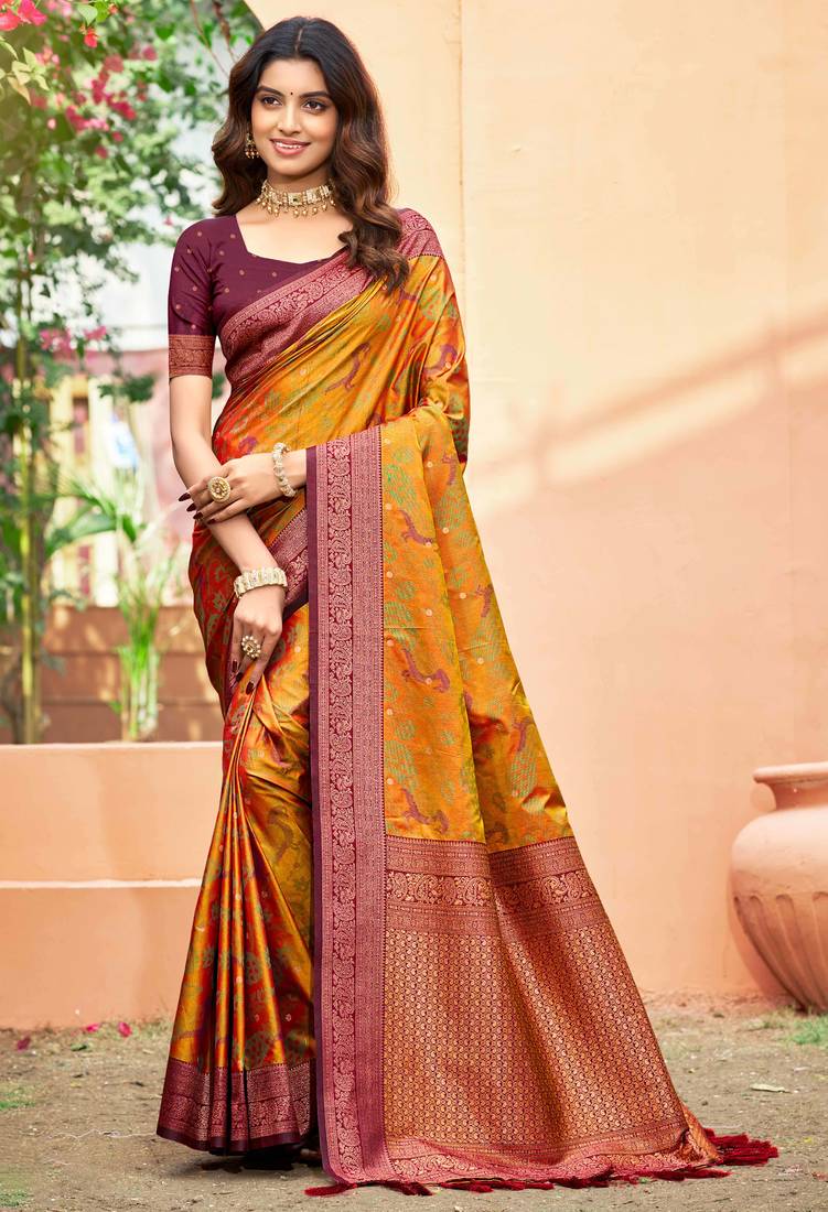 mustard orange soft silk woven work traditional saree