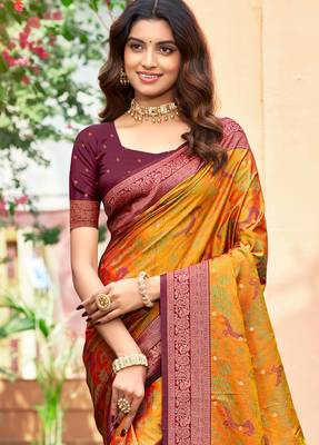 mustard orange soft silk woven work traditional saree 2