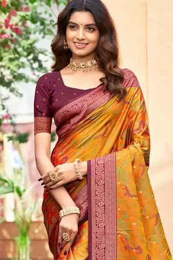 mustard orange soft silk woven work traditional saree