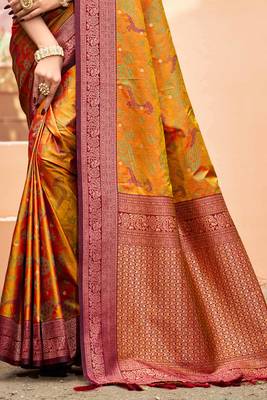 mustard orange soft silk woven work traditional saree 3
