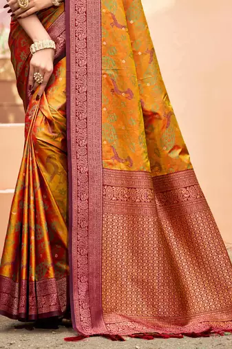 mustard orange soft silk woven work traditional saree