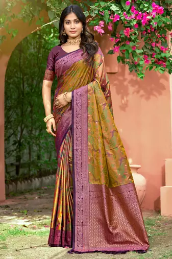 mustard green soft silk woven work traditional saree