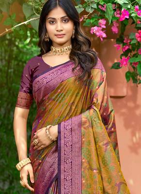 mustard green soft silk woven work traditional saree 2