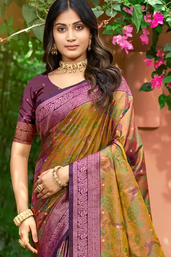 mustard green soft silk woven work traditional saree