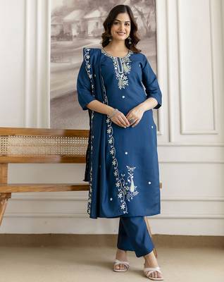 Morpeach chanderi cotton embroidery work kurta pant with dupatta set stitched 1