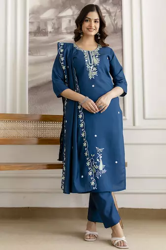 Morpeach chanderi cotton embroidery work kurta pant with dupatta set stitched