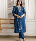 Morpeach chanderi cotton embroidery work kurta pant with dupatta set stitched