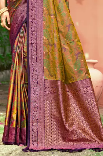 mustard green soft silk woven work traditional saree