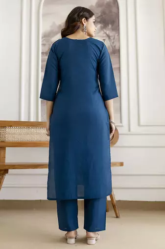 Morpeach chanderi cotton embroidery work kurta pant with dupatta set stitched