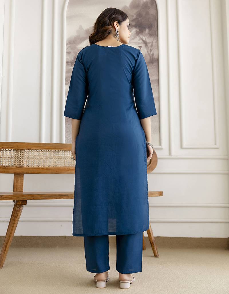 Morpeach chanderi cotton embroidery work kurta pant with dupatta set stitched