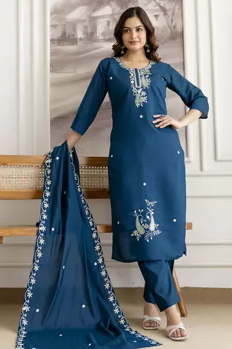 Morpeach chanderi cotton embroidery work kurta pant with dupatta set stitched