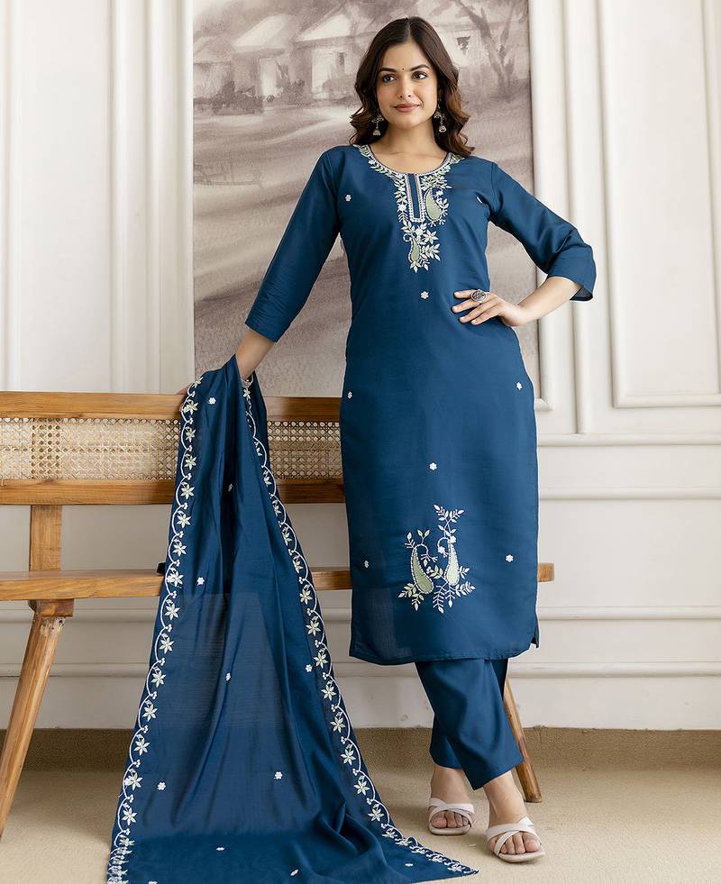 Morpeach chanderi cotton embroidery work kurta pant with dupatta set stitched