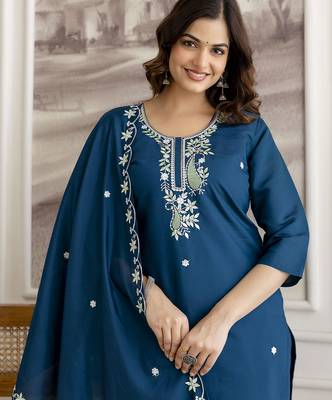 Morpeach chanderi cotton embroidery work kurta pant with dupatta set stitched 4