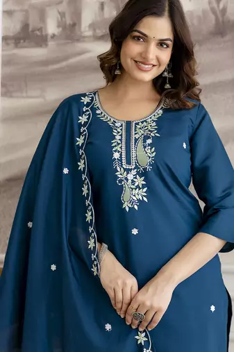 Morpeach chanderi cotton embroidery work kurta pant with dupatta set stitched
