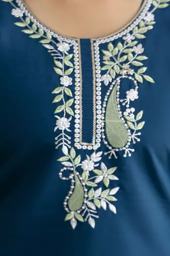 Morpeach chanderi cotton embroidery work kurta pant with dupatta set stitched