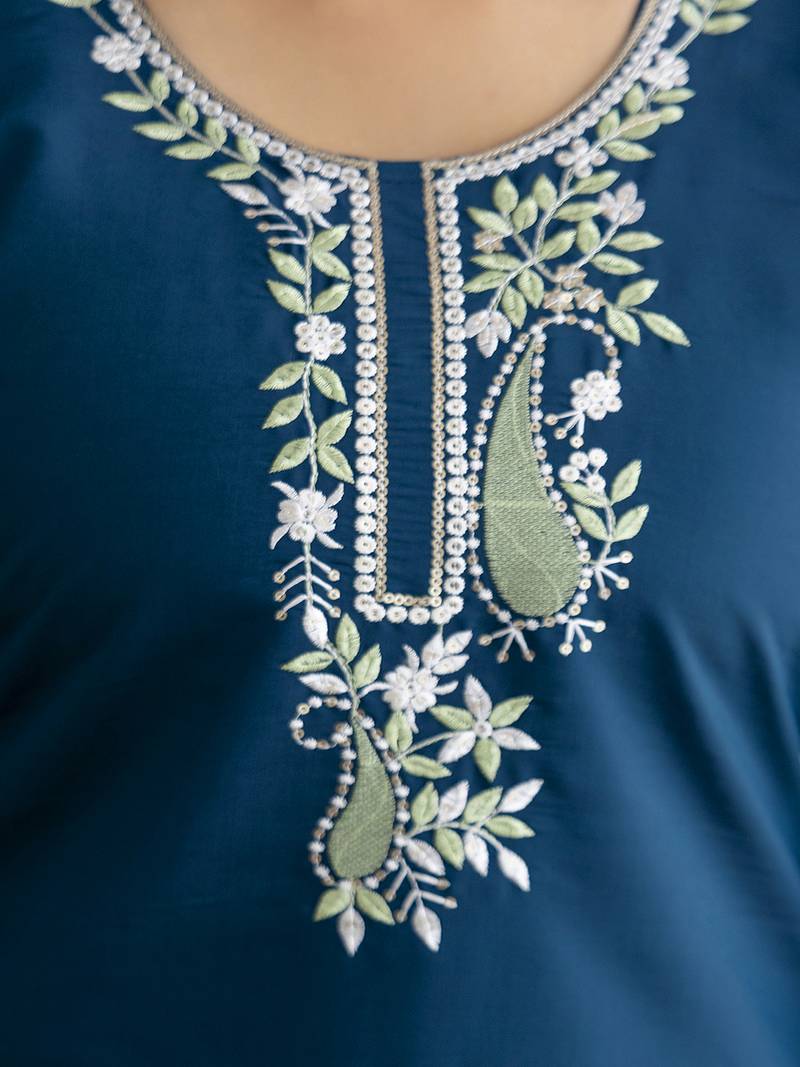 Morpeach chanderi cotton embroidery work kurta pant with dupatta set stitched