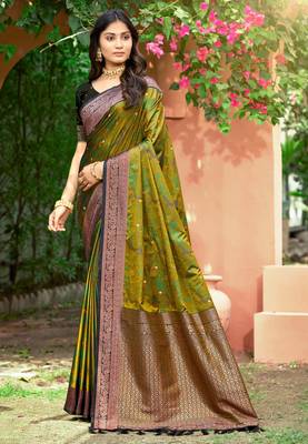 olive green soft silk woven work traditional saree 1