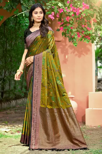 olive green soft silk woven work traditional saree