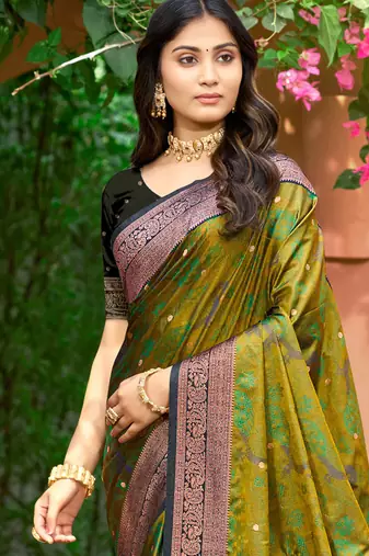 olive green soft silk woven work traditional saree