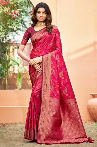 rani pink soft silk woven work traditional saree