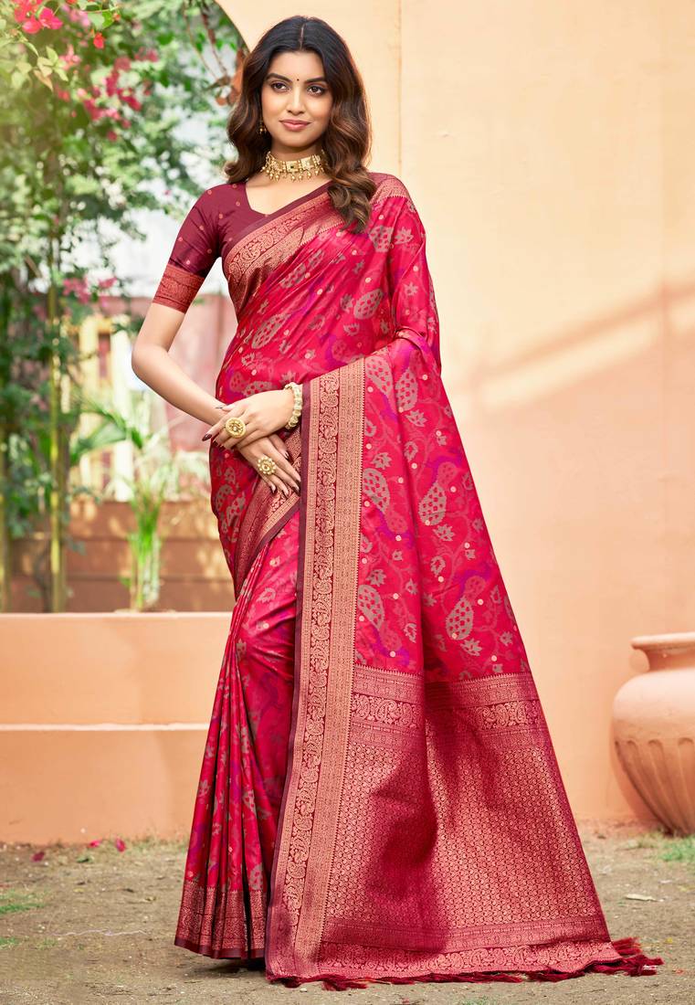 rani pink soft silk woven work traditional saree
