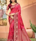 bright red  soft silk woven work traditional saree