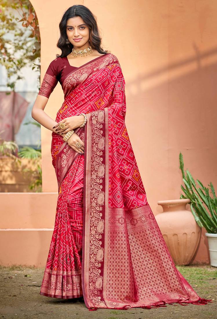 bright red  soft silk woven work traditional saree