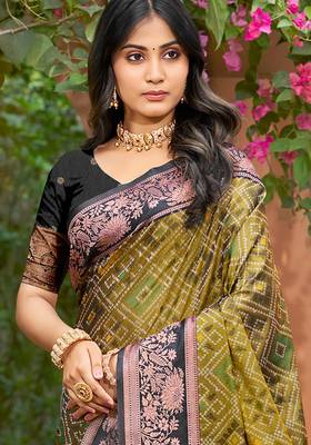 olive green soft silk woven work traditional saree 2