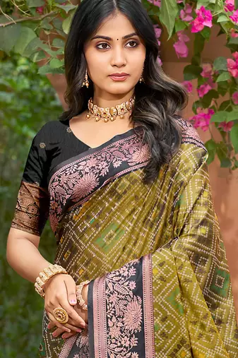 olive green soft silk woven work traditional saree