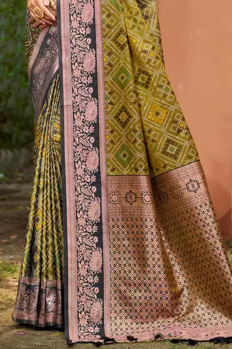 olive green soft silk woven work traditional saree