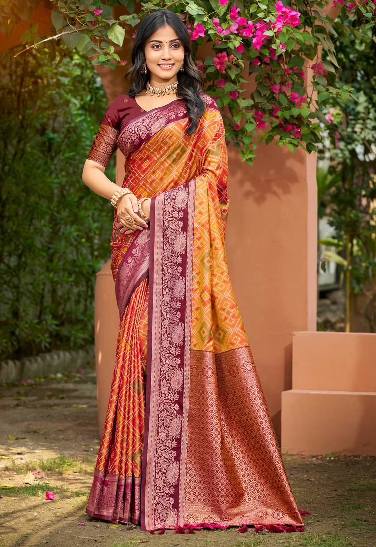 mustard yellow soft silk woven work traditional saree
