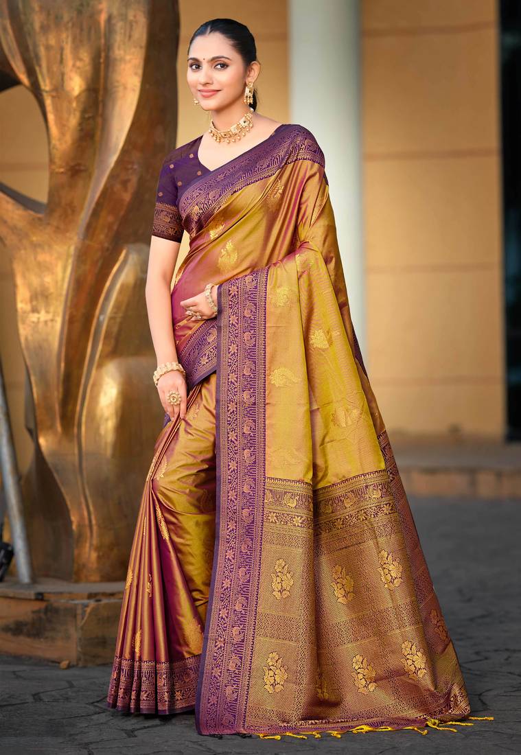 golden soft silk woven work traditional saree