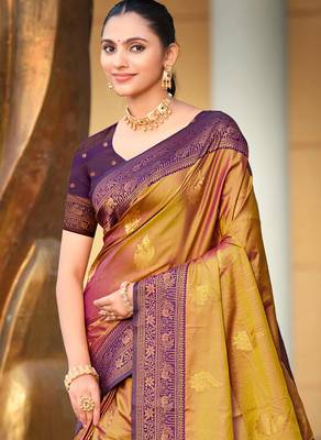 golden soft silk woven work traditional saree 2