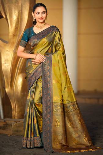 olive green soft silk woven work traditional saree