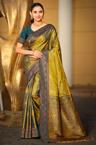 olive green soft silk woven work traditional saree