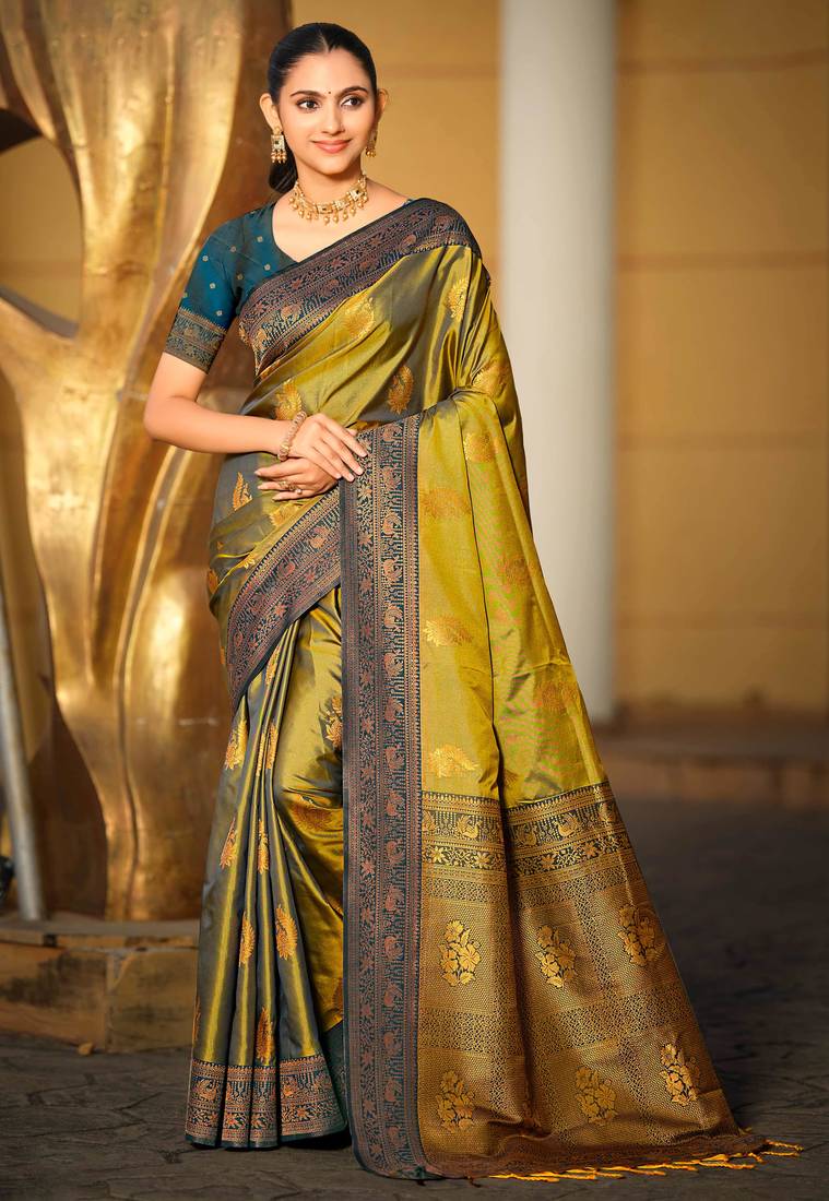 olive green soft silk woven work traditional saree